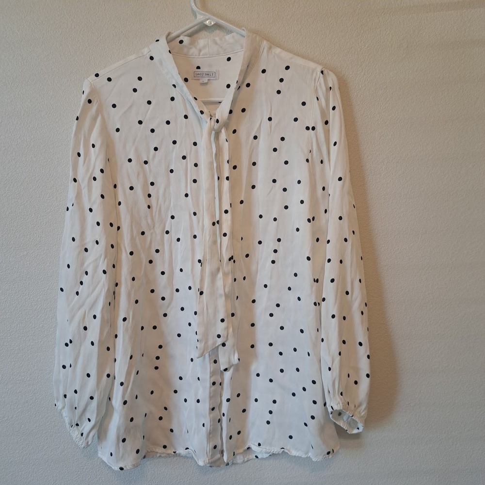 Sweet Salt Women White Black Polka Dot Tie Neck Blouse Long Sleeve Top Large